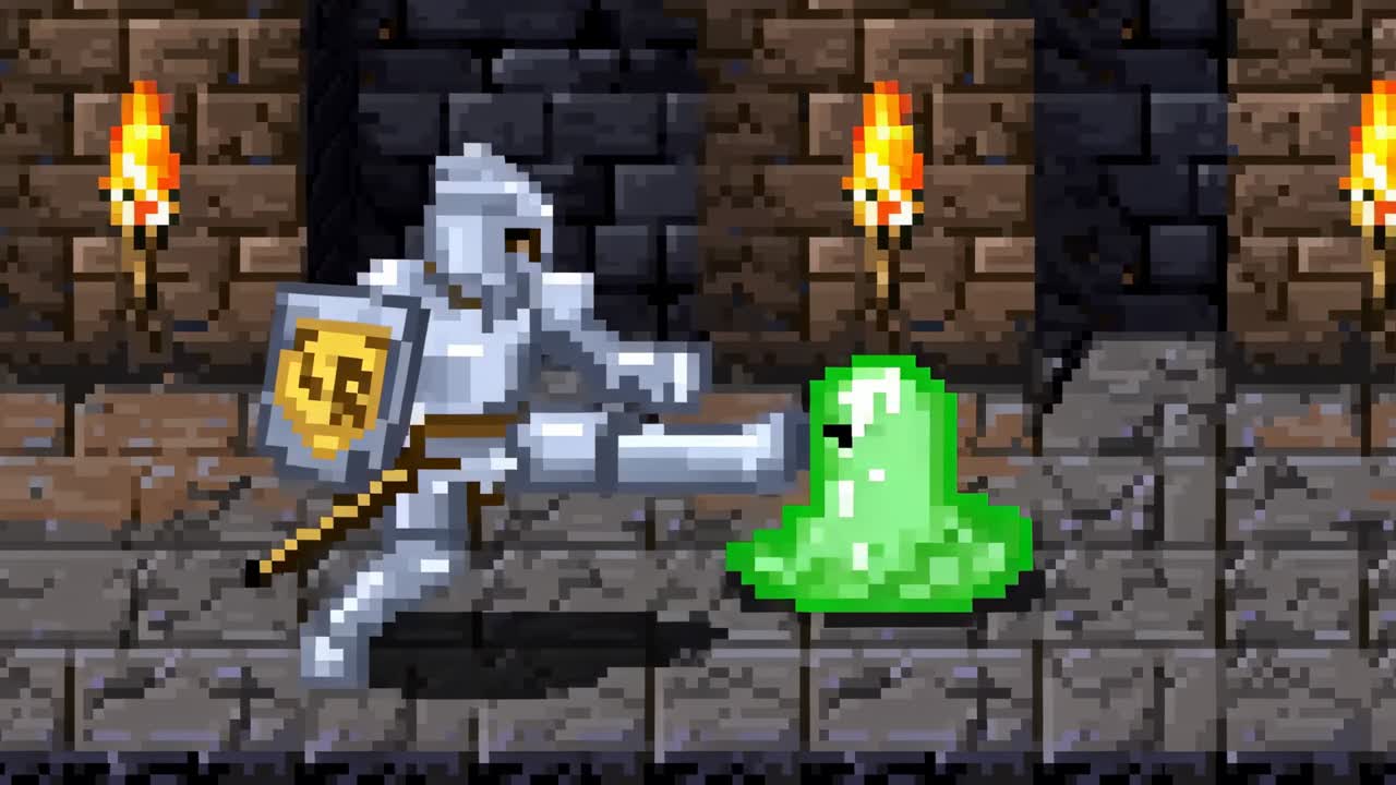 Cavaliere in armatura che avanza affondando contro una melma verde che si appiattisce in un dungeon, scudo dorato, spazio per il testo