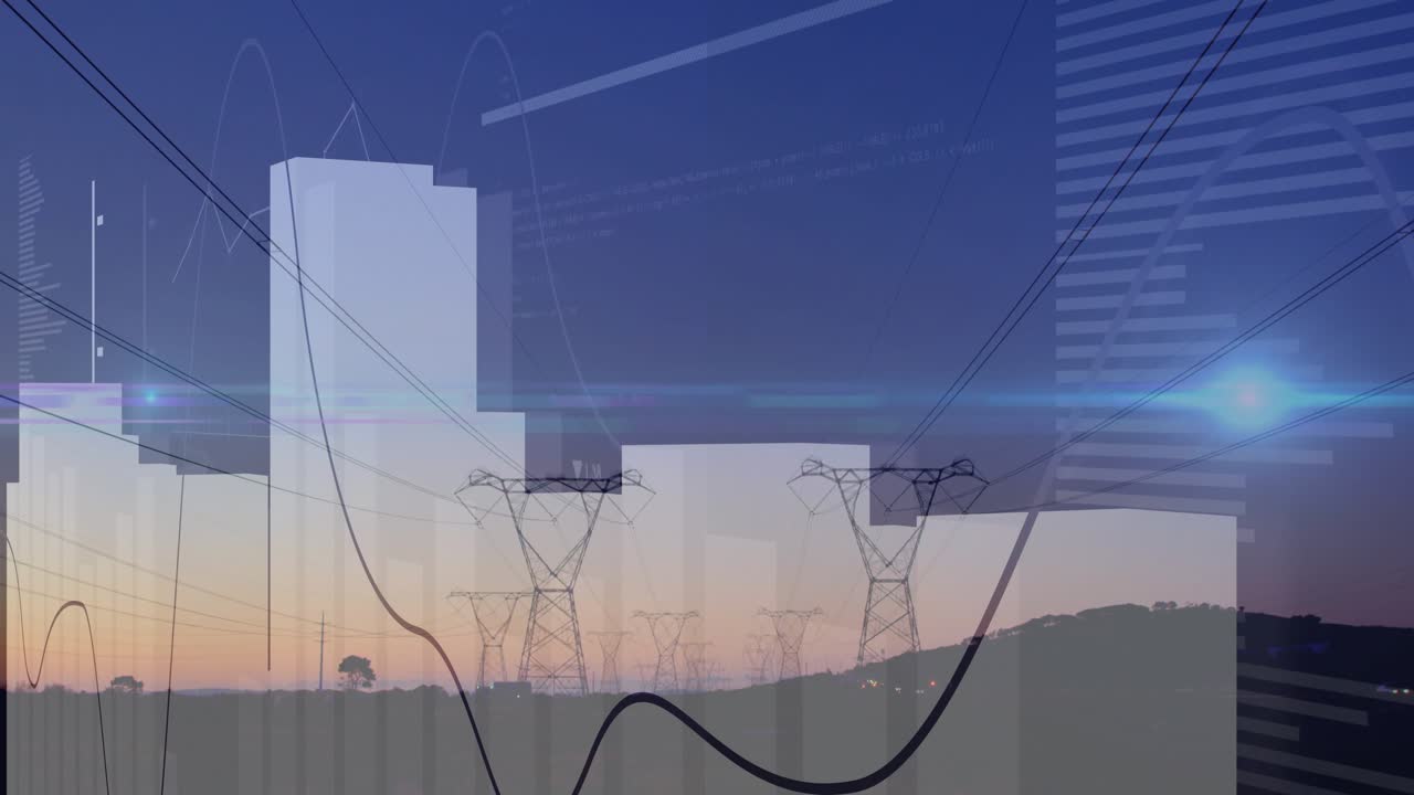 Lens flare moving left to right causing pylons and data graphs rising, showing energy trends