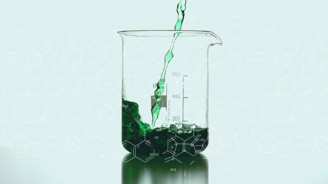 Animation of chemical formulas over green liquid pouring into lab glass on blue background