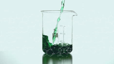 animation of chemical formulas over green liquid pouring into lab glass on blue background