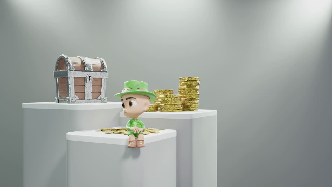 세인트 패트릭 데이 아일랜드 컨셉: 제품 온라인 전자 상거래 디스플레이를 위해 기단에 앉아있는 아일랜드 난쟁이, 회색 배경에 금 보물과 돈 동전