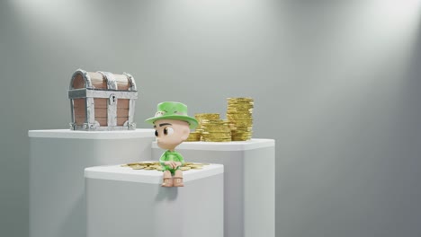 día de san patricio irlanda concepto enano irlandés sentado en un pedestal para el producto exhibición de comercio electrónico en línea con tesoro de oro y moneda de dinero en fondo gris