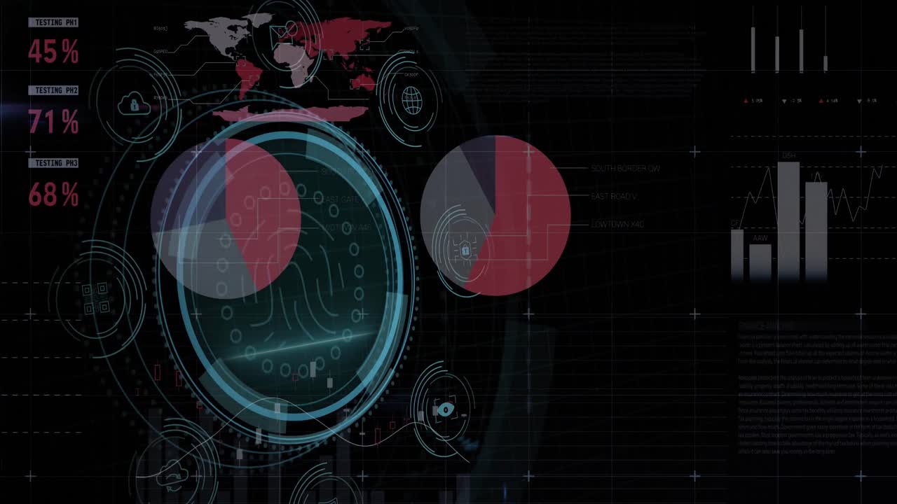 Statistical data processing and data protection text over round scanner against black background