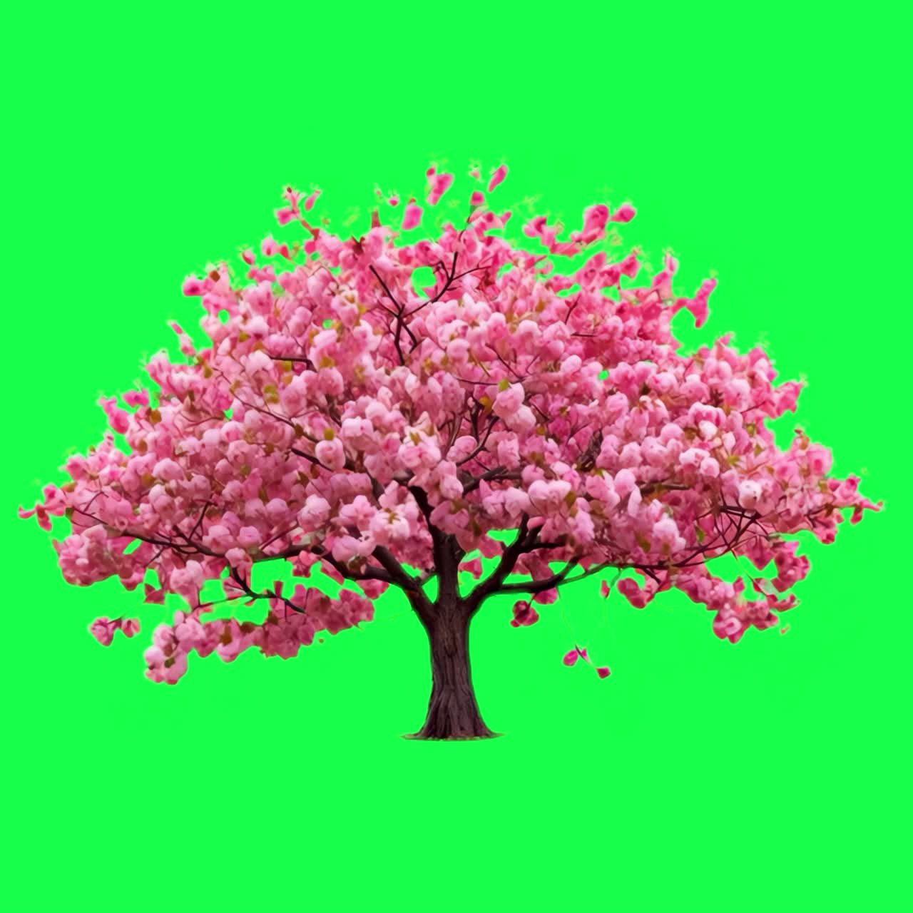 Animación de árbol de cerezo rosa vibrante, video 4K transparente, pantalla verde.