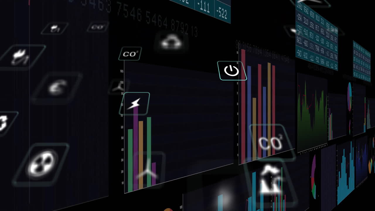 Dark futuristic dashboard showing floating 3D tilted holographic bar charts with energy CO2 icons