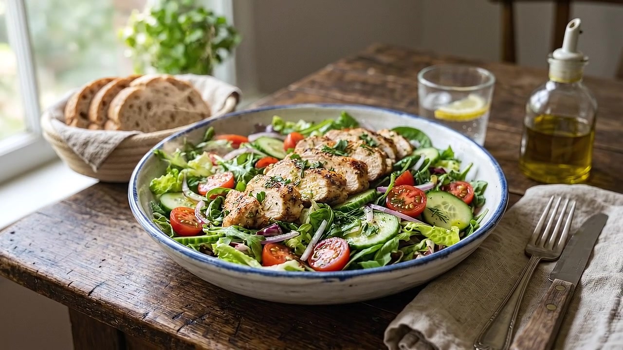 Sunn kylling Caesar salatbolle med krutonger og friske cherrytomater