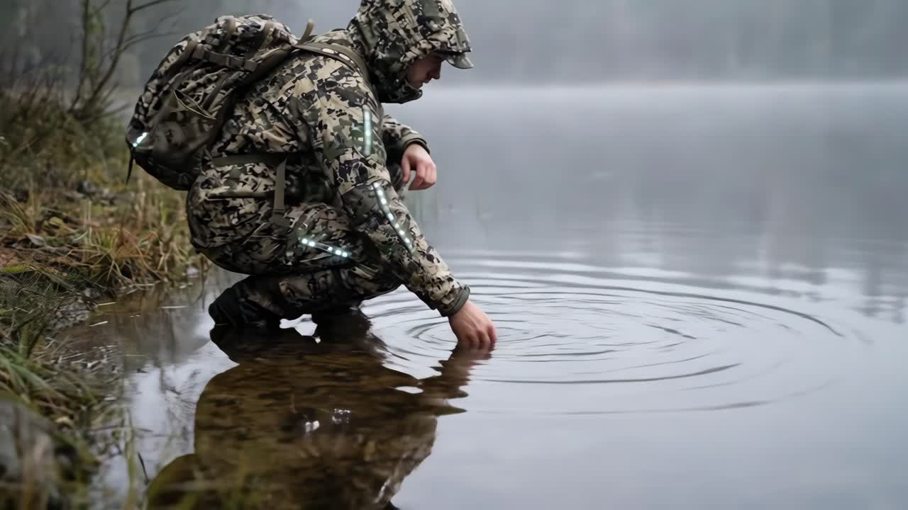 Man in Camouflage Touching Water in a Foggy Lake