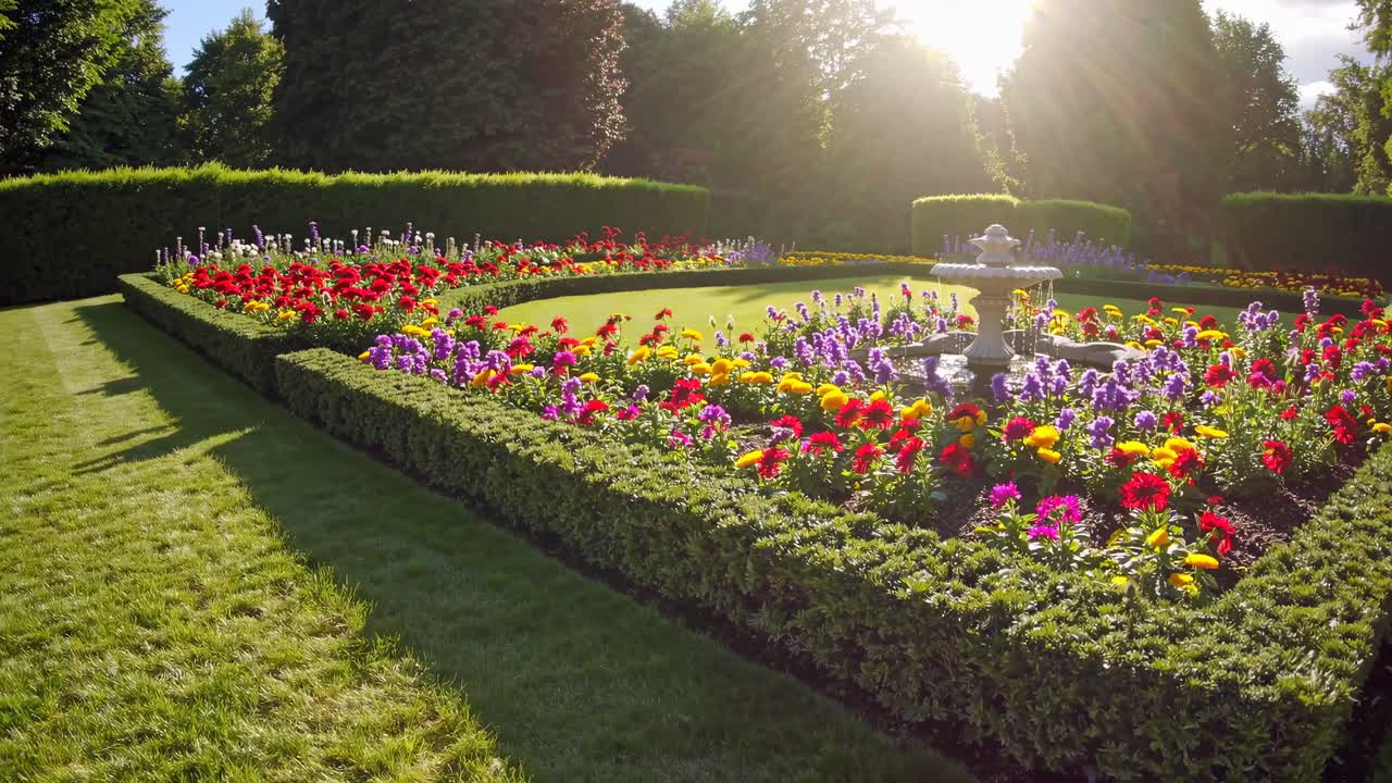 A wide-angle video captures a vibrant garden with a central fountain, showcasing colorful flowers