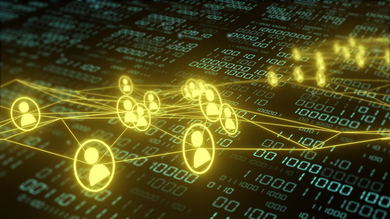 연결된 사용자 아이콘과 이진 코드의 네트워크, 데이터 통신 애니메이션