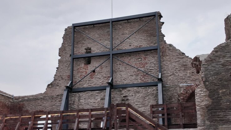 Visão detalhada das paredes em ruínas da Fortaleza de Deva, capturando séculos de história preservados em suas ruínas de pedra