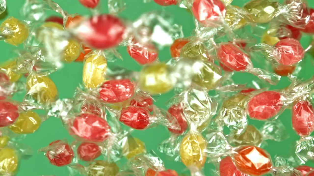 Caramelle colorate assortite incartate nella plastica che cadono al rallentatore