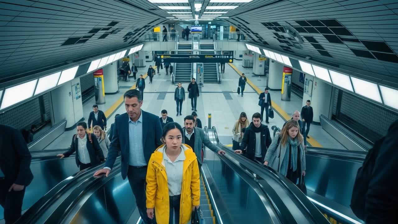 People commuting on escalators in a busy subway station