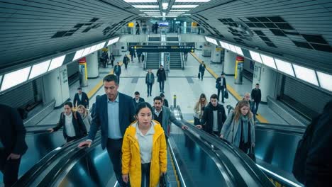 people commuting on escalators in a busy subway station