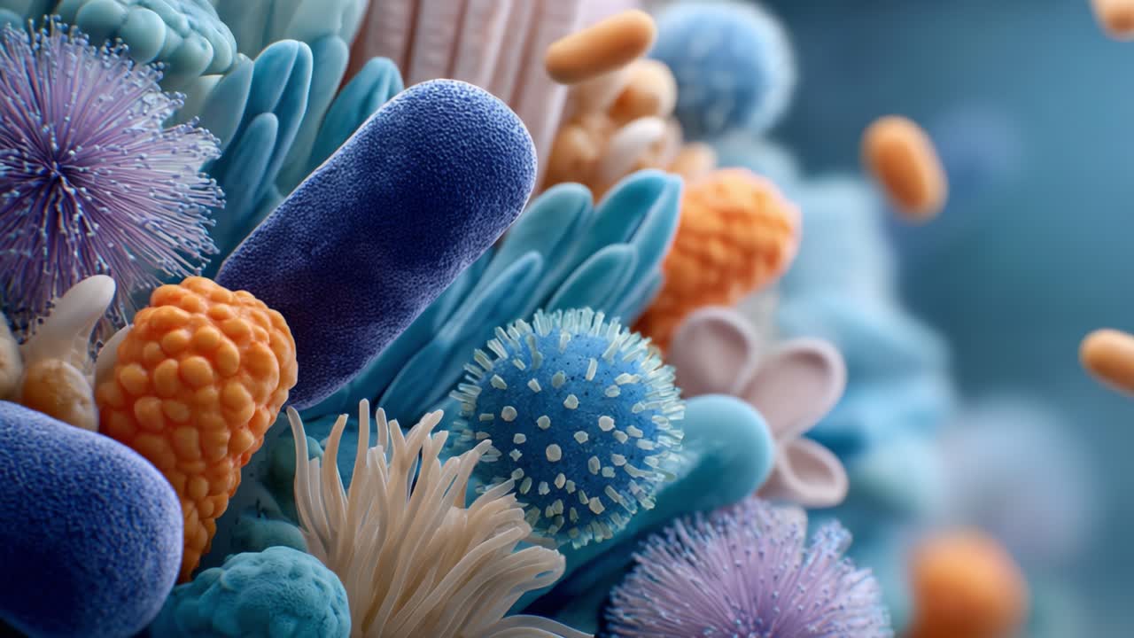 Un mundo microbiano vibrante: explorando microorganismos coloridos y su impacto en los ecosistemas y la salud, visto a través de técnicas de visualización de alta resolución.