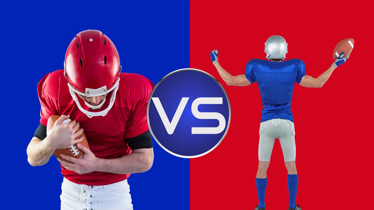 Animation of vs text in white, over male american football players from two teams, on red and blue
