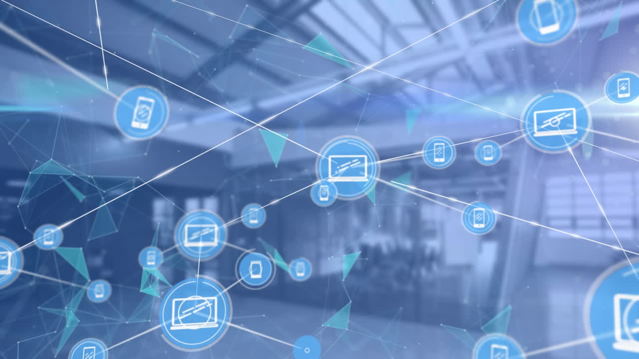 배경에 비어있는 건물 위의 아이콘으로 연결 네트워크의 애니메이션