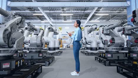 mujer inspeccionando robots en una fábrica moderna