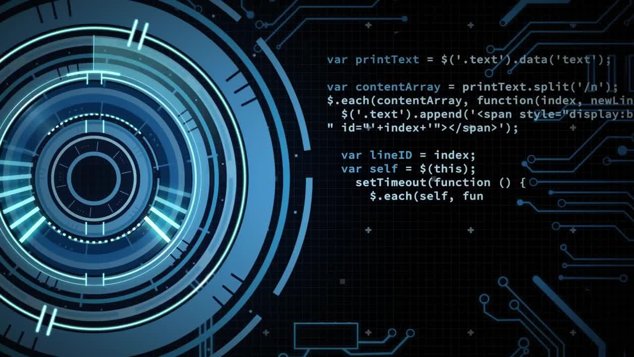 Animation of data processing with scope scanning on black background