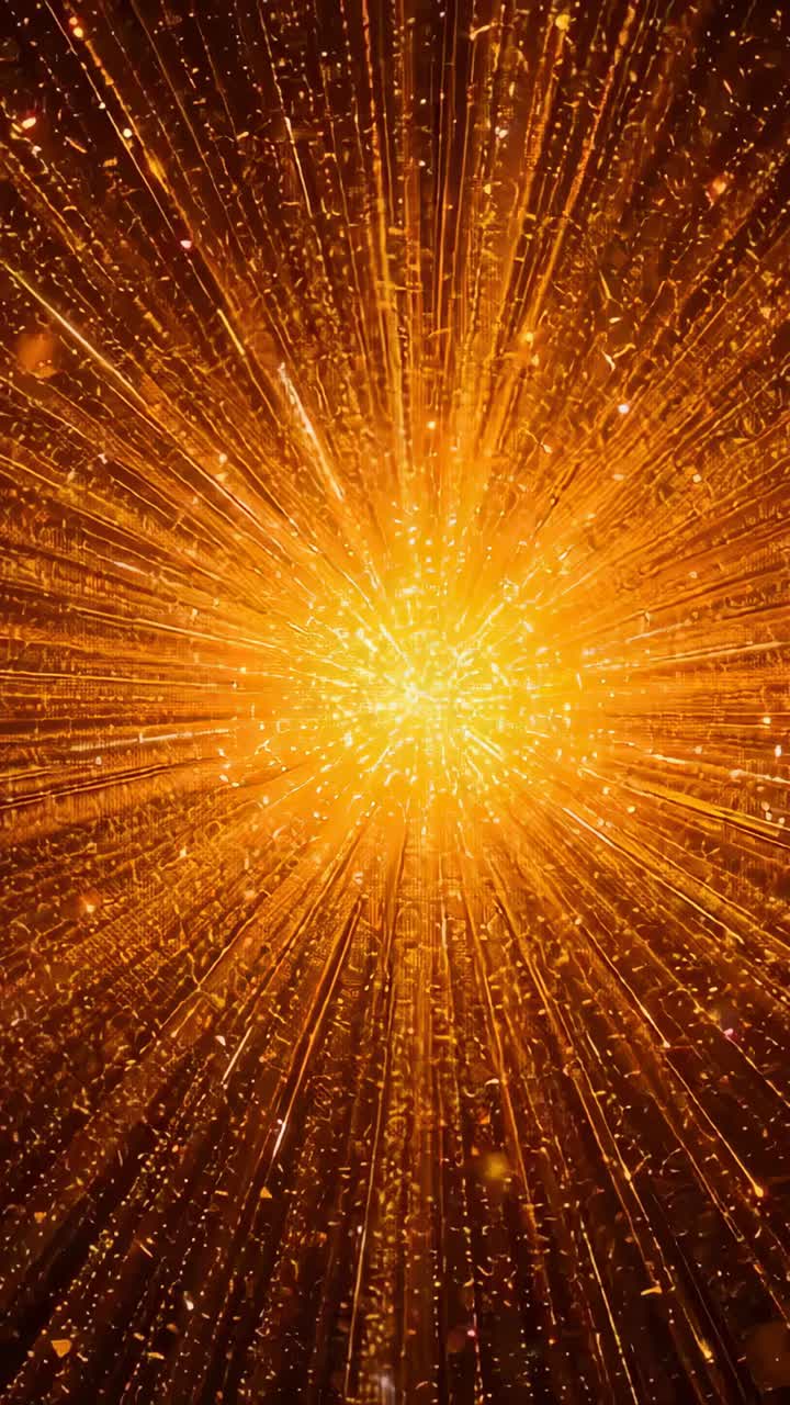 Vertical video: Pulsing gold core sending rays and shiny dots across dark abstract field, expanding