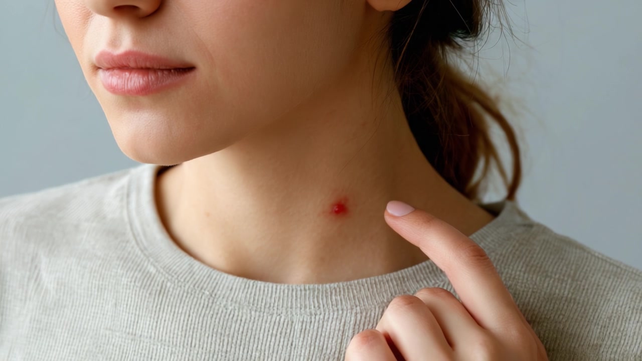 Primo Piano del Collo di una Giovane Donna che Mostra una Piccola Imperfezione Cutanea Infiammata, con il Dito Puntato Verso di Essa, Illustrando Preoccupazioni per la Salute e la Bellezza della Pelle