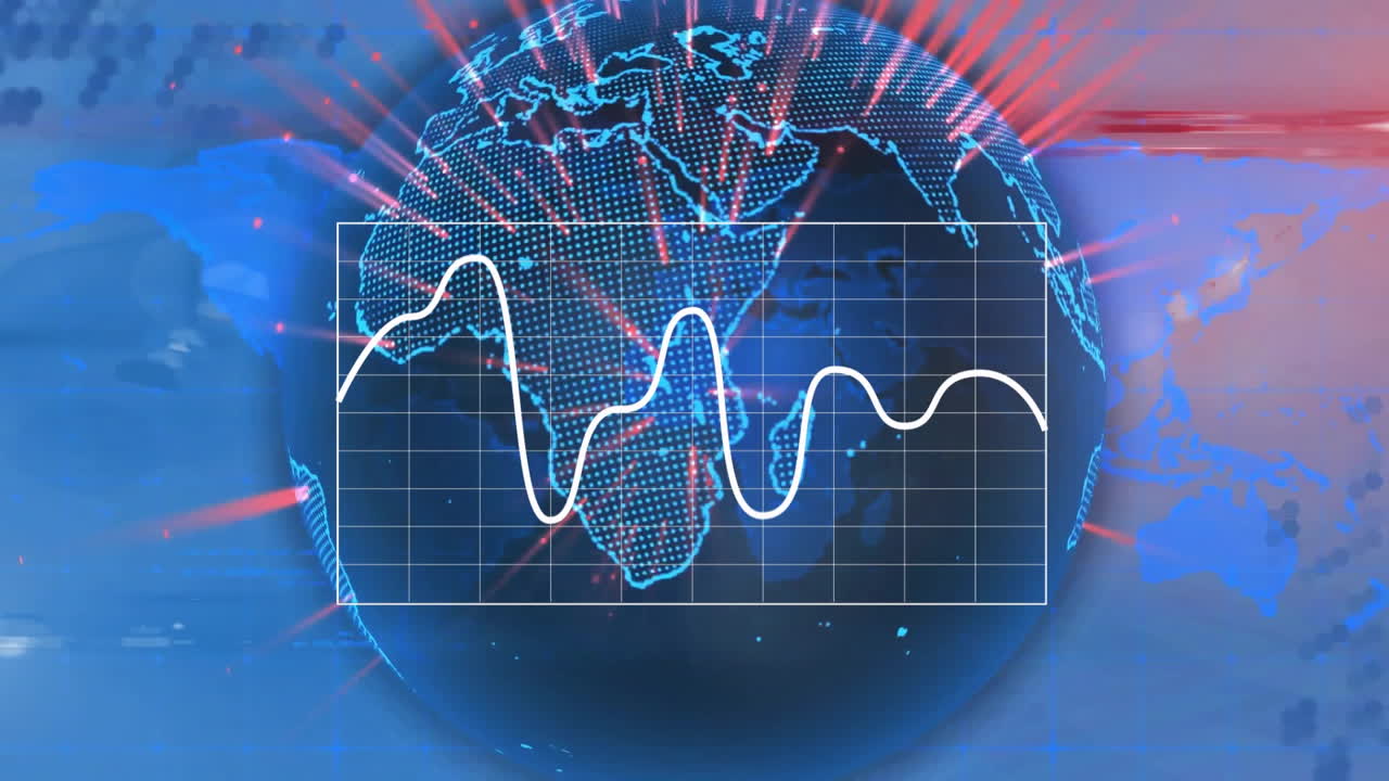 animación de análisis de datos globales sobre mapa mundial digital con gráfico fluctuante