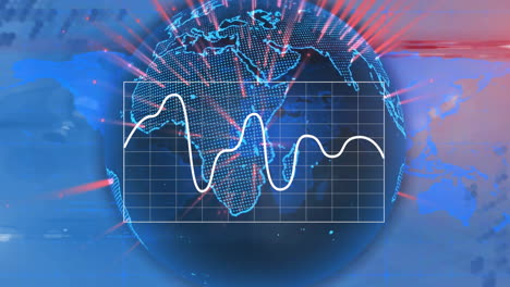 global data analysis animation over digital world map with fluctuating graph