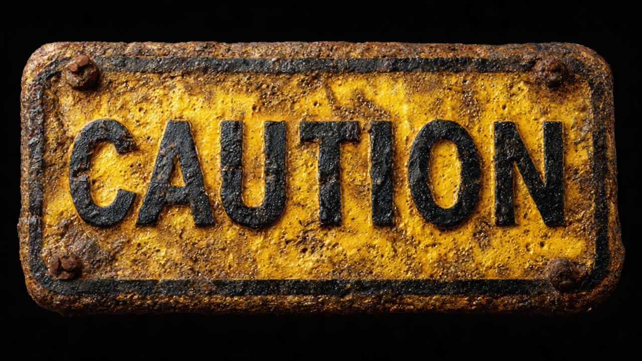Cartello di avviso invecchiato e usurato: primo piano di un segnale di avvertimento in metallo arrugginito con scritte nere in grassetto su uno sfondo giallo sbiadito