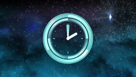 Animation-of-clock-with-moving-hands-over-glowing-stars-on-black-background