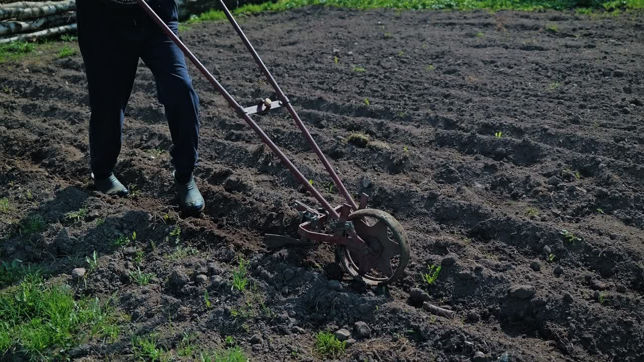 Close View, Man Making Furrows In Soil Depicting Food Scarcity, Survival Efforts