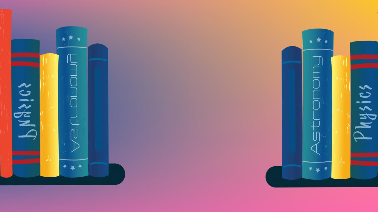 Animation of science books on shelf over soft blue, pink and yellow background