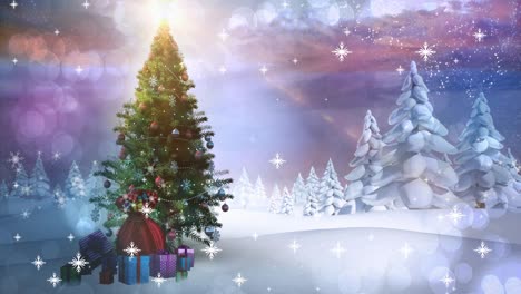 Animation-Von-Schnee,-Der-über-Den-Weihnachtsbaum-In-Der-Winterlandschaft-Fällt