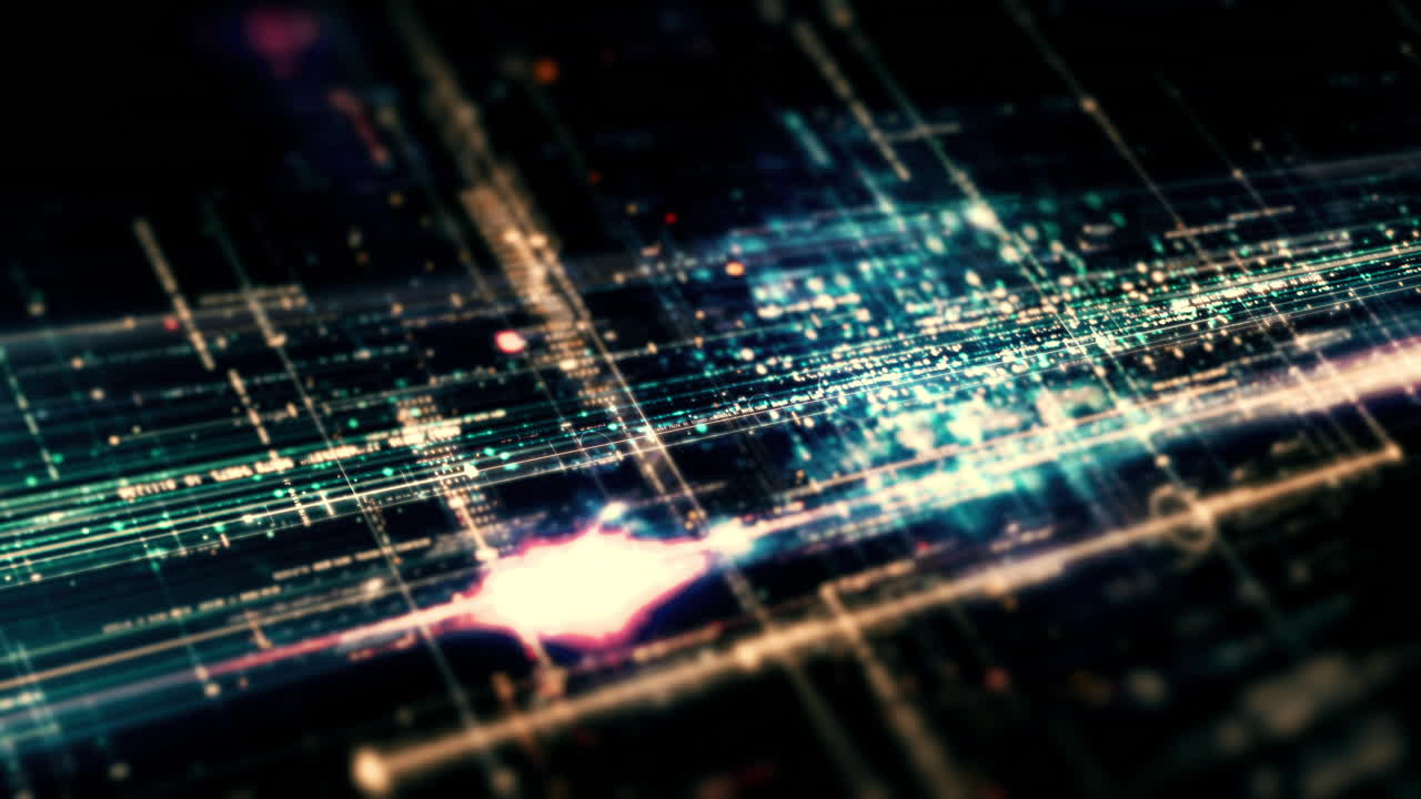 Futuristic abstract de-focus flowing data matrix, meta, metaverse, telemetry and encrypt numbers display with particles simulation in cyber space environment for head up display background-18