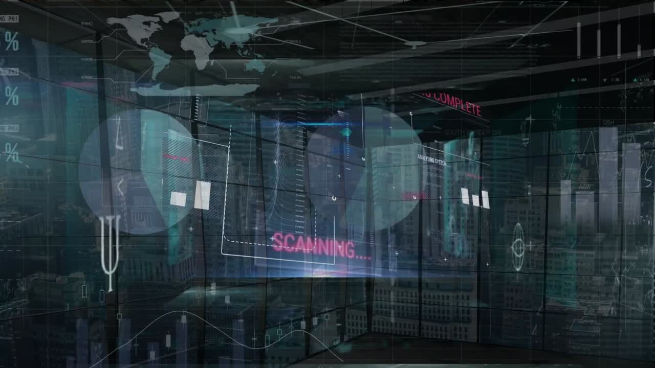 Animation of data processing over cityscape