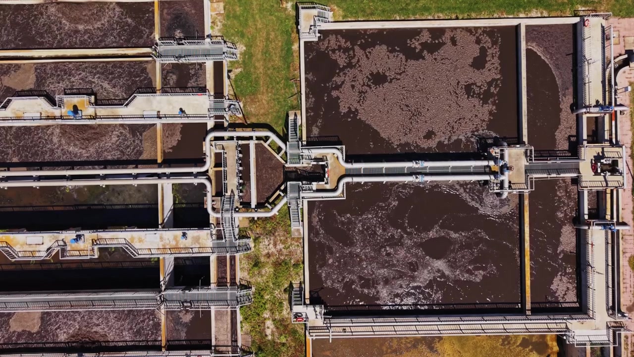 Water treatment plant processes wastewater at a facility in the morning