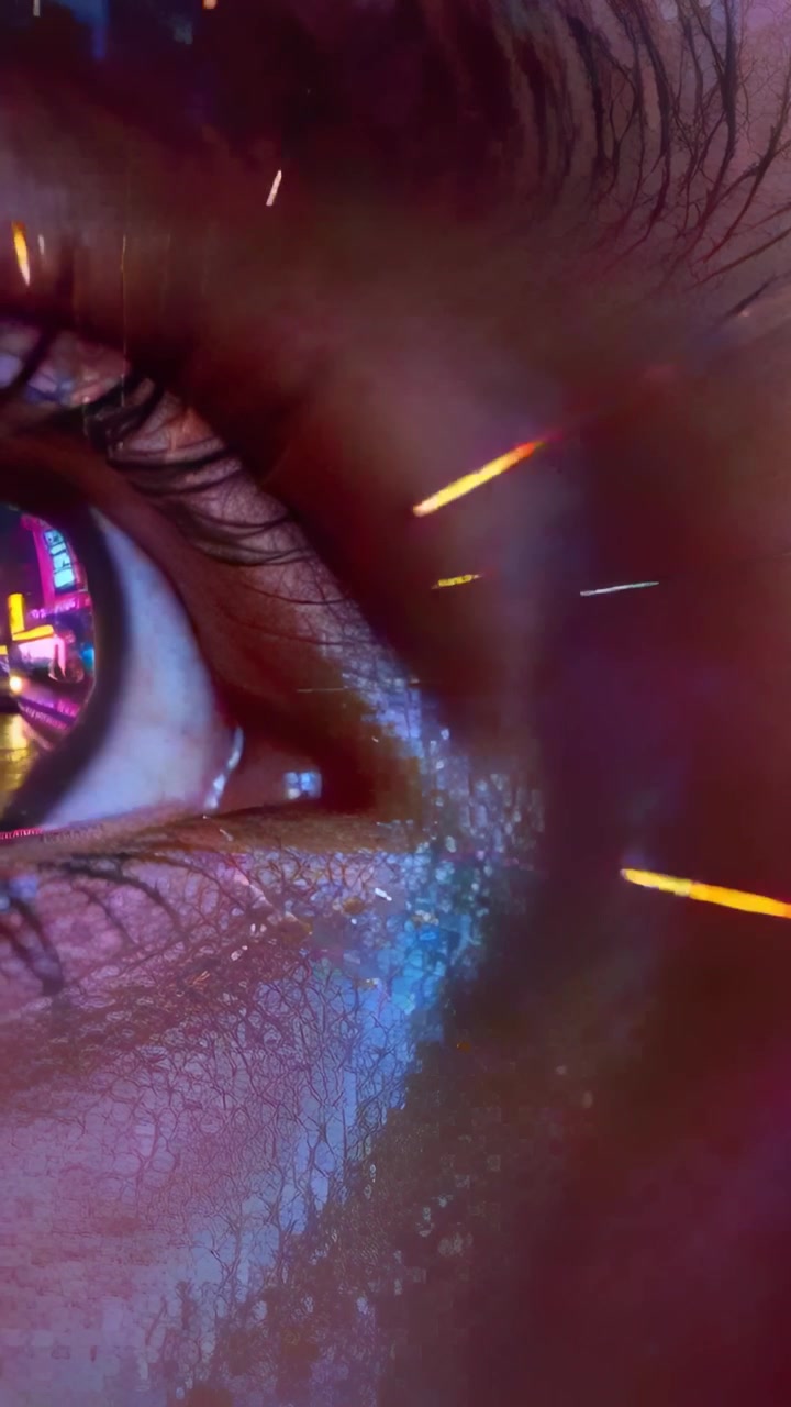 Vertical video: Responding to neon shift, left eye shifting gaze in closeup, iris glow and sparks