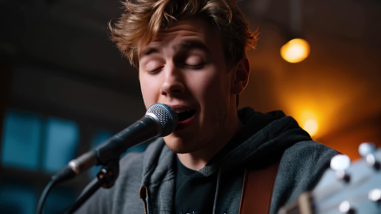 Young Man Singing Emotionally into Microphone While Playing Guitar