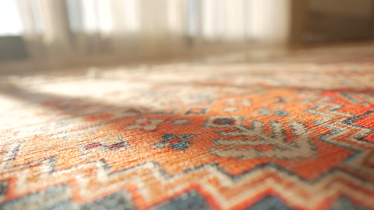 Nærbillede af et smukt orientalsk tæppe med indviklede mønstre i en solbeskinnet stue