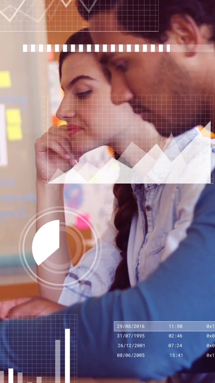Vertical video: Woman resting chin as man typing at table, activating animated charts for business