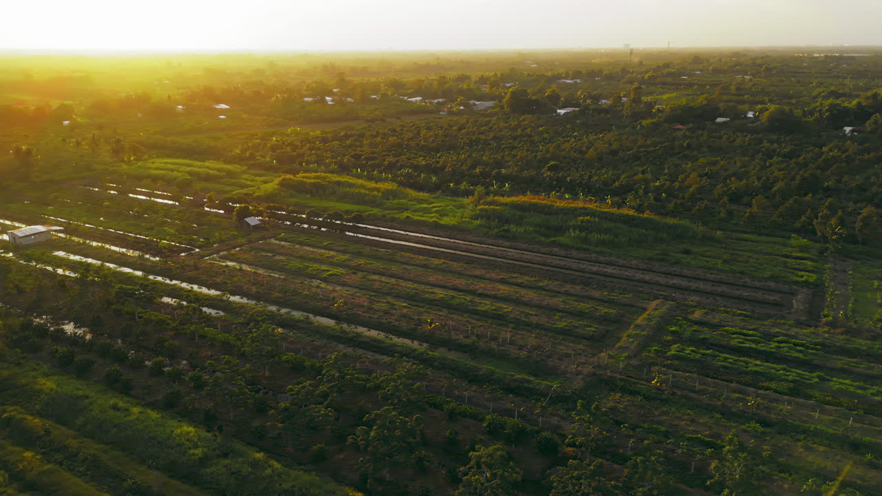 아름다운 시골 농장 위의 새벽의 마법을 포착하는 숨막히는 공중 타임스