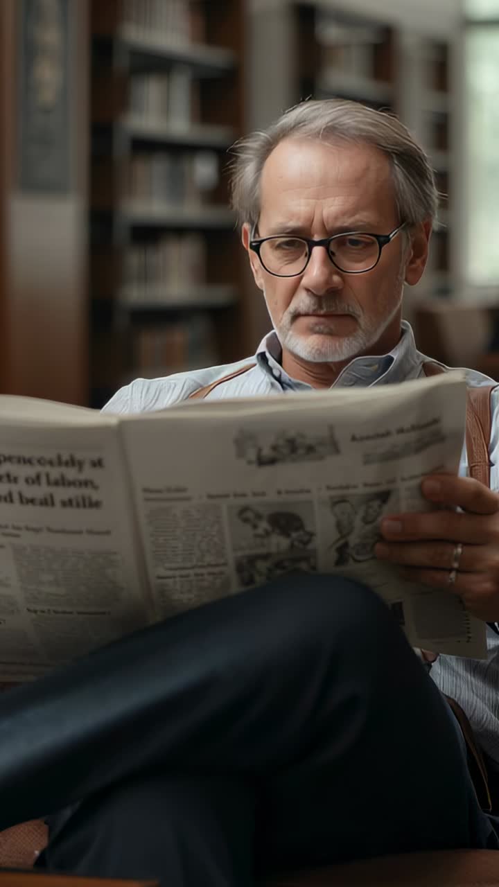 Vertical video: Holding folded paper, senior man leaning and scanning page in library, suspenders