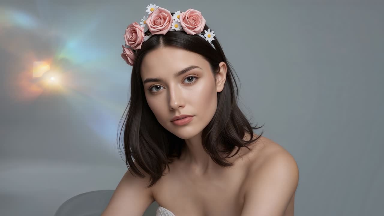 With camera rolling model in white top with floral crown tilting head blinking in prism-lit studio