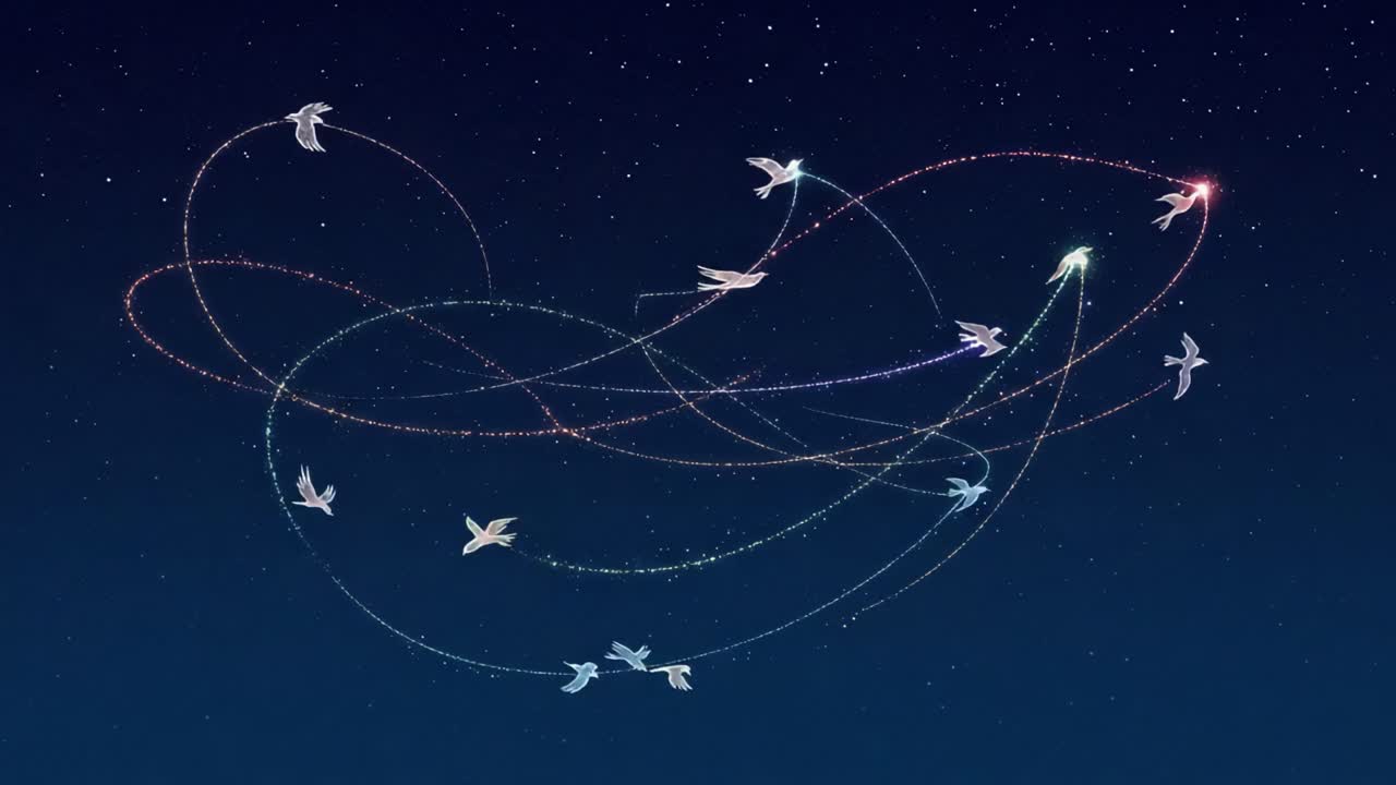 A Dazzling Display of Flight: Artistic Representation of Birds in Motion Against a Starlit Sky Captures the Essence of Freedom and Nature's Beauty