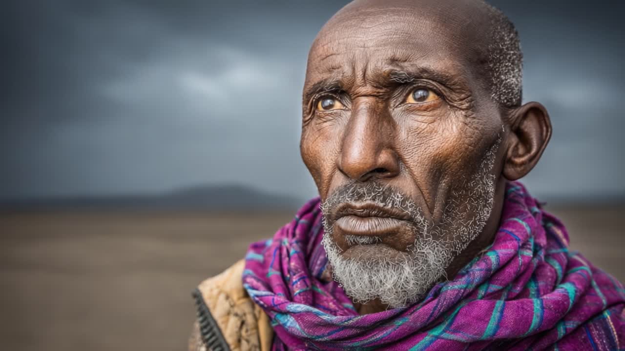 Un momento contemplativo catturato con dettagli mozzafiato, che mette in mostra la saggezza e la resilienza di un uomo anziano in mezzo a un paesaggio drammatico e un cielo cupo