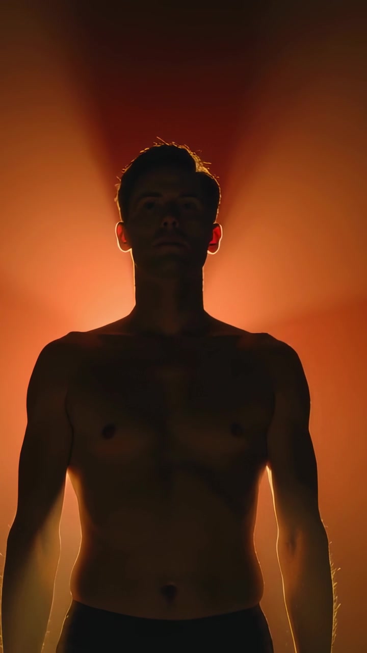 Video verticale: Uomo nudo in posa sul palco mentre la telecamera zooma e la retroilluminazione aumenta, con l'ombra a formare un'aureola.