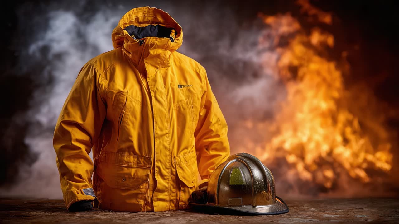 En slående fremvisning af beskyttelsesudstyr med en lys gul jakke og en sikkerhedshjelm, sat mod en dramatisk baggrund af flammer og røg, der understreger sikkerhed og modstandsdygtighed i farlige omgivelser.