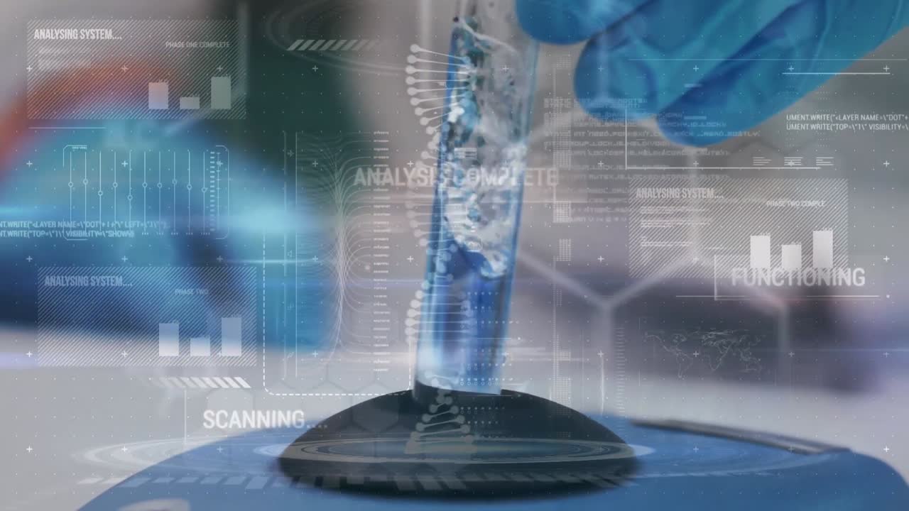 animación de cadena de adn y procesamiento de datos sobre científico caucásico en el laboratorio