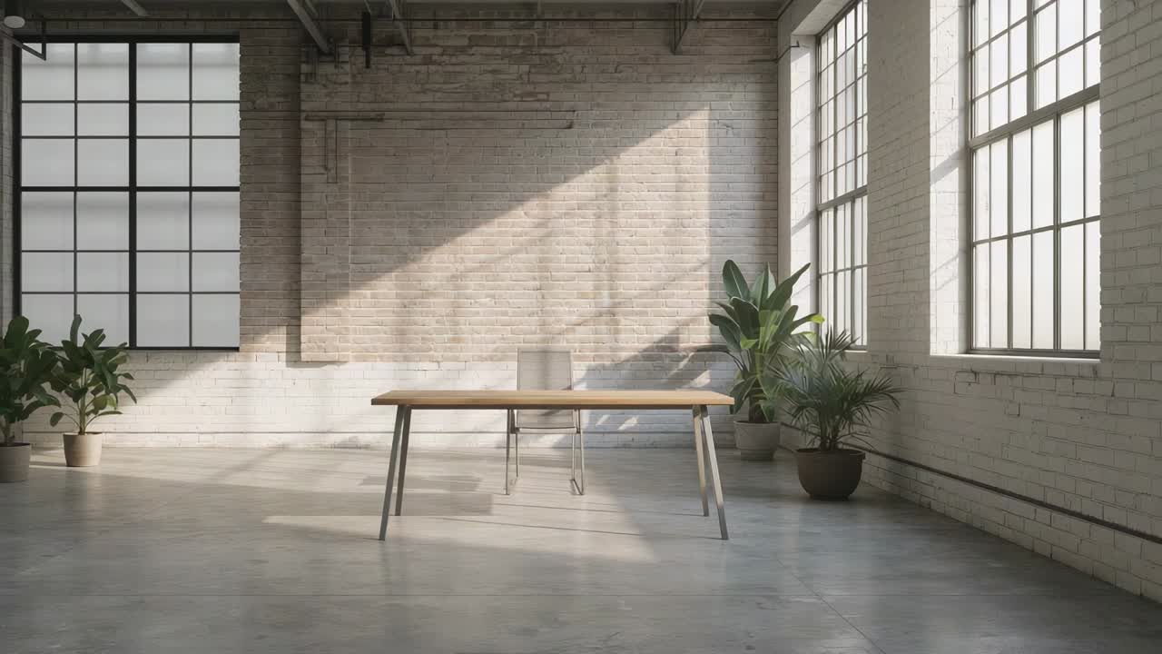 Sunlight pouring from right window moving across loft, altering table, chair shadows as sun moves