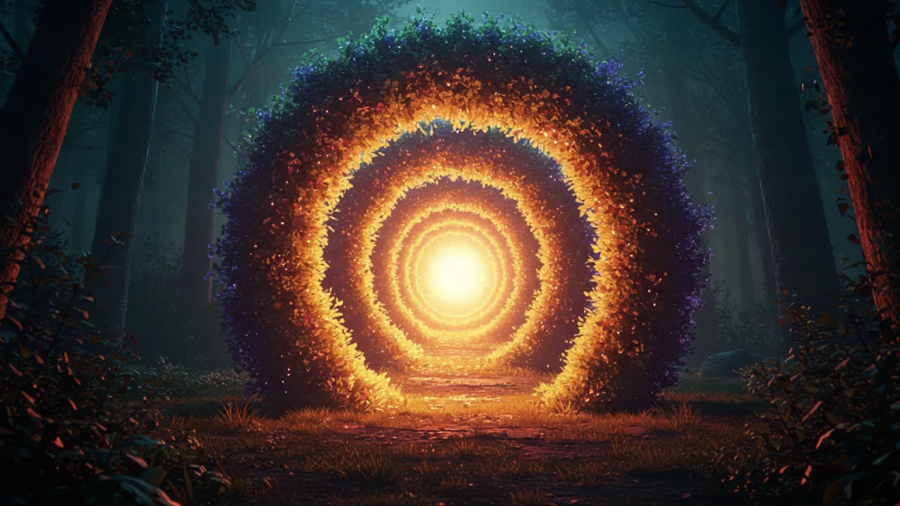 A Magical Pathway of Light Through Vibrant Circular Hedges in an Enchanted Forest, Inviting Exploration and Wonder for All Who Dare to Step Forward