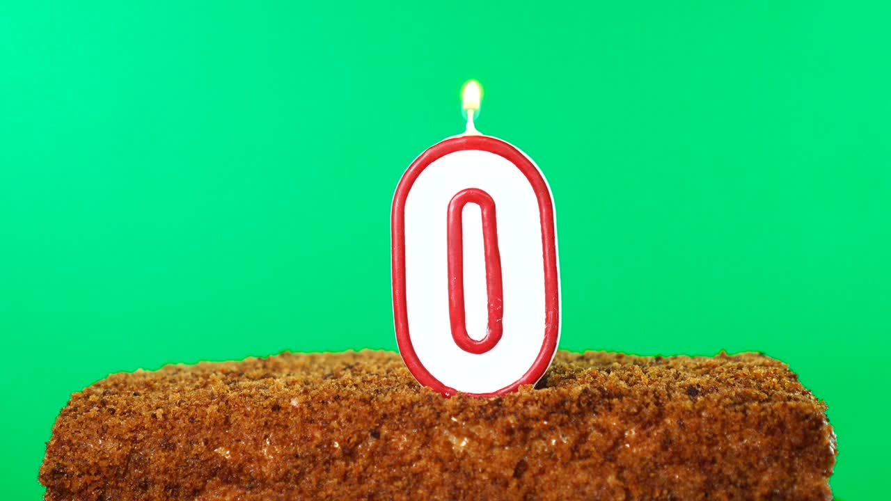 Cake with the number 0 lighted candle. Chroma key. Green Screen. Isolated
