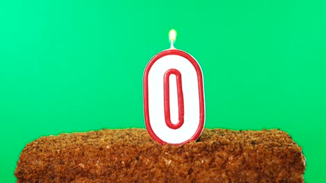 cake with the number 0 lighted candle. chroma key. green screen. isolated